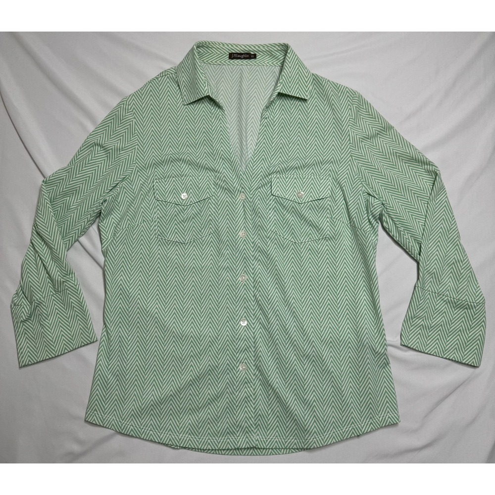 J.McLaughlin Green White Chevron Catalina Cloth Button Down Shirt XS Stretch
